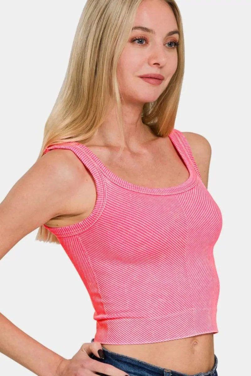Zenana Washed Ribbed Scoop Neck Wide Strap Tank Top - Love Salve